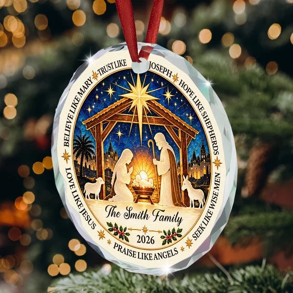 Crystal Ornament with Joseph Beside the Manger in Rich Blue, Personalized Faith Keepsake, Creative Gift for Family