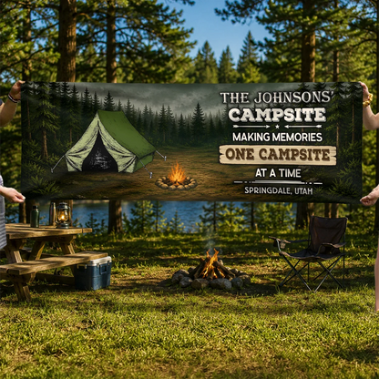 Personalized Vinyl Banner with Vintage Camper and Campfire, Unique Campsite Gift for Camping Families