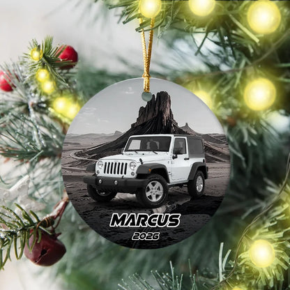 Personalized Ceramic Ornament with Red Off-Road Car on Desert Road, Unique Christmas Gift for Car Enthusiasts