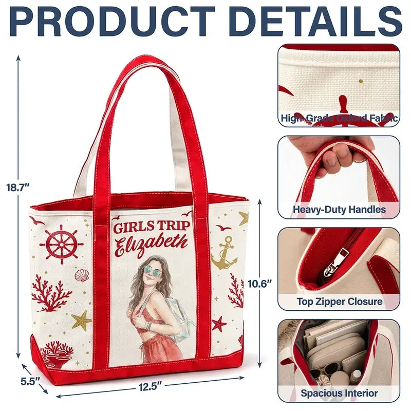Personalized Oxford Cloth Tote Bag, Custom Watercolor Sunhat Traveler, Unique Cruise Gift for Women