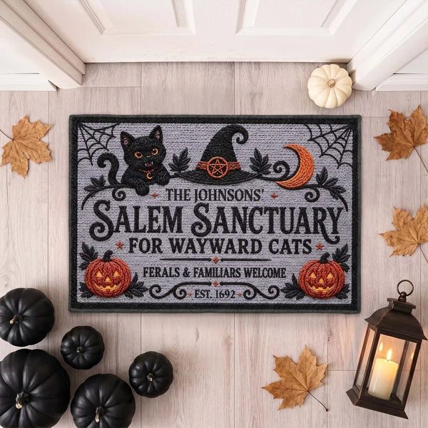 Personalized Standard Doormat with Seated Black Cat and Witch Hat, Unique Halloween Gift for Cat Lovers