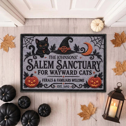 Personalized Standard Doormat with Seated Black Cat and Witch Hat, Unique Halloween Gift for Cat Lovers