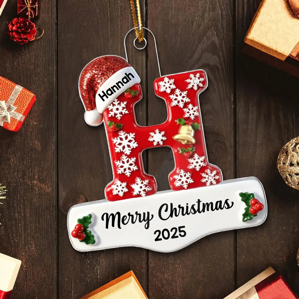 Personalized Acrylic Ornament, Red Santa Hat and Snowflake Design, Unique Christmas Gift for Family