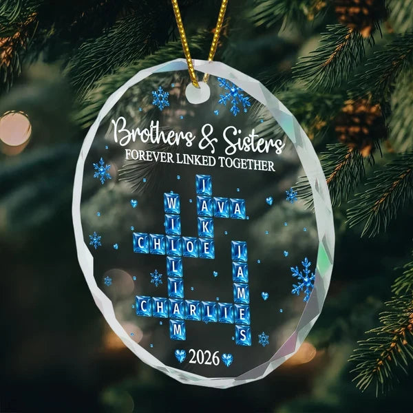Personalized Crystal Ornament, Blue Snowflake Family Crossword on Christmas Tree, Unique Gift for Siblings