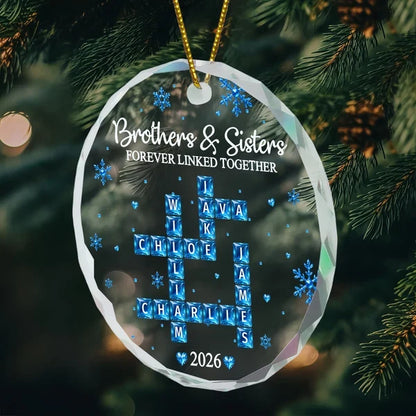 Personalized Crystal Ornament, Blue Snowflake Family Crossword on Christmas Tree, Unique Gift for Siblings