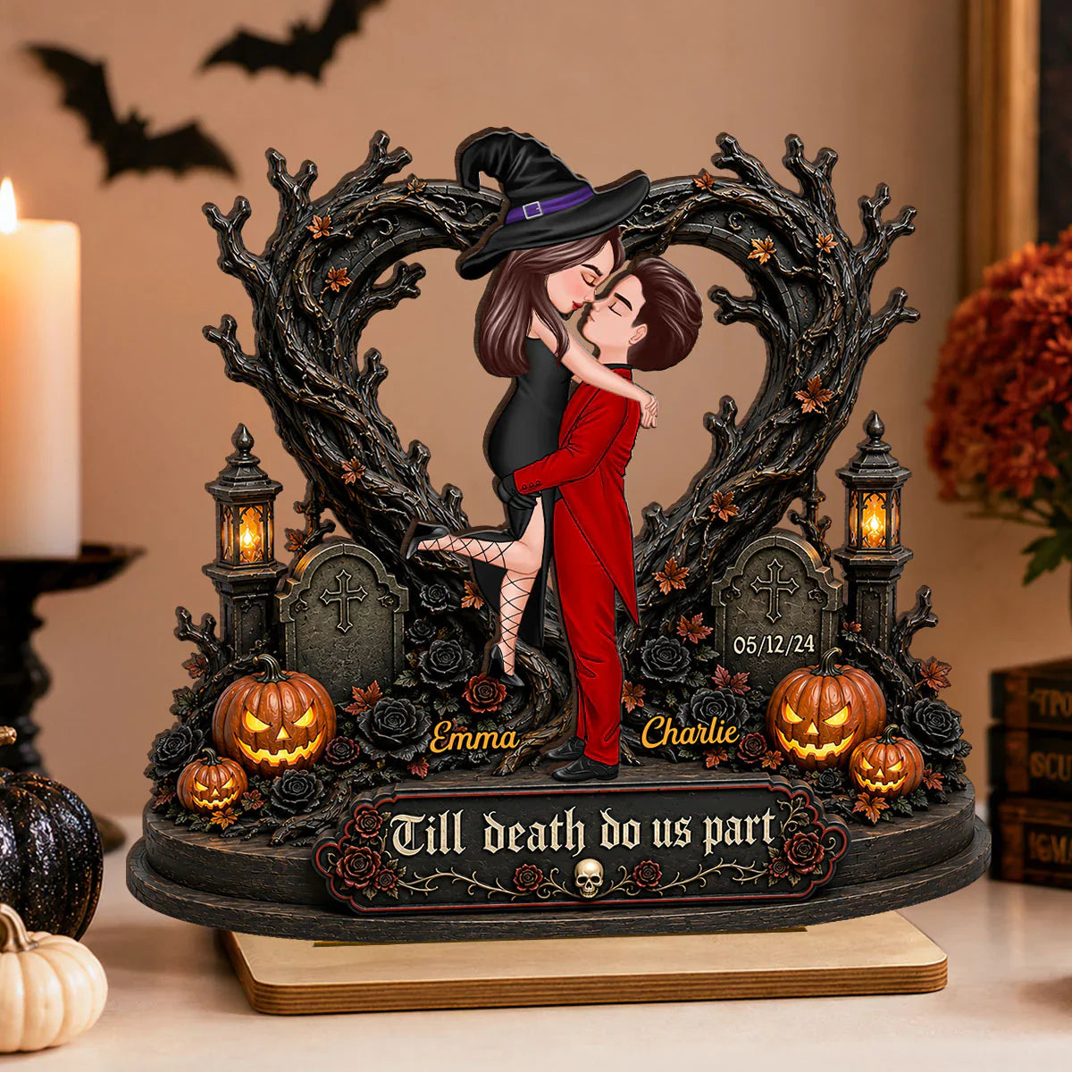Personalized 2-Layer Wooden Plaque, Kissing Witch Couple Halloween Decor, Unique Gift for Couples