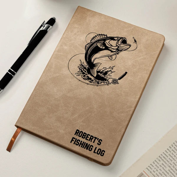 Personalized Leather Journal, Casting Angler and Leaping Fish Design for Fishing Memories, Creative Gift for Dad