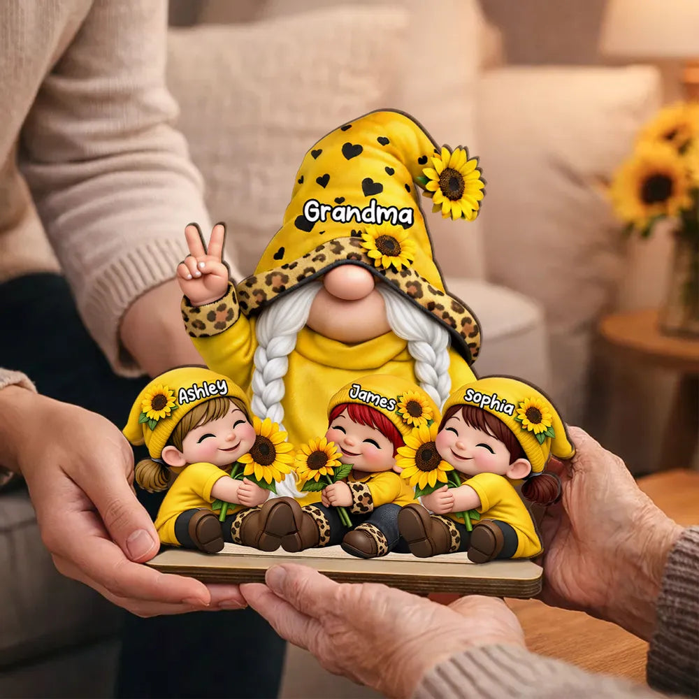 Personalized 2-Layer Wooden Plaque Grandma & Grandkids Gnome With Sunflowers for Living Room Display - Unique Gift for Grandma