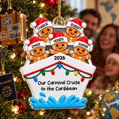 Personalized Acrylic Ornament, Gingerbread Group Aboard a Festive Cruise Ship, Unique Gift for Family