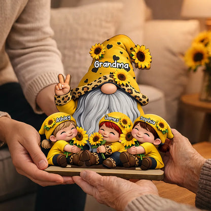 Personalized 2-Layer Wooden Plaque Gnome Grandma With Grandkids and Sunflowers Cute Family Keepsake Unique Gift for Grandma