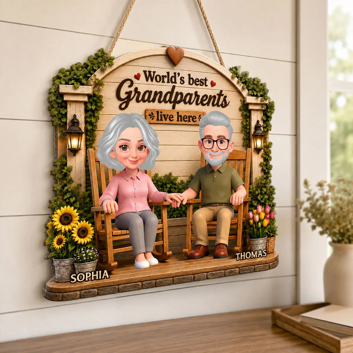 Custom Wooden Sign For Grandparents, Holding Hands Porch Scene, Creative Heartwarming Gift