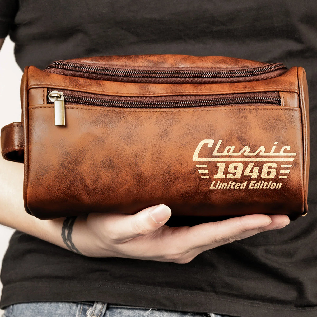 Personalized Leather Toiletry Bag With Changeable Year, Unique Creative Gift for Dad or Husband