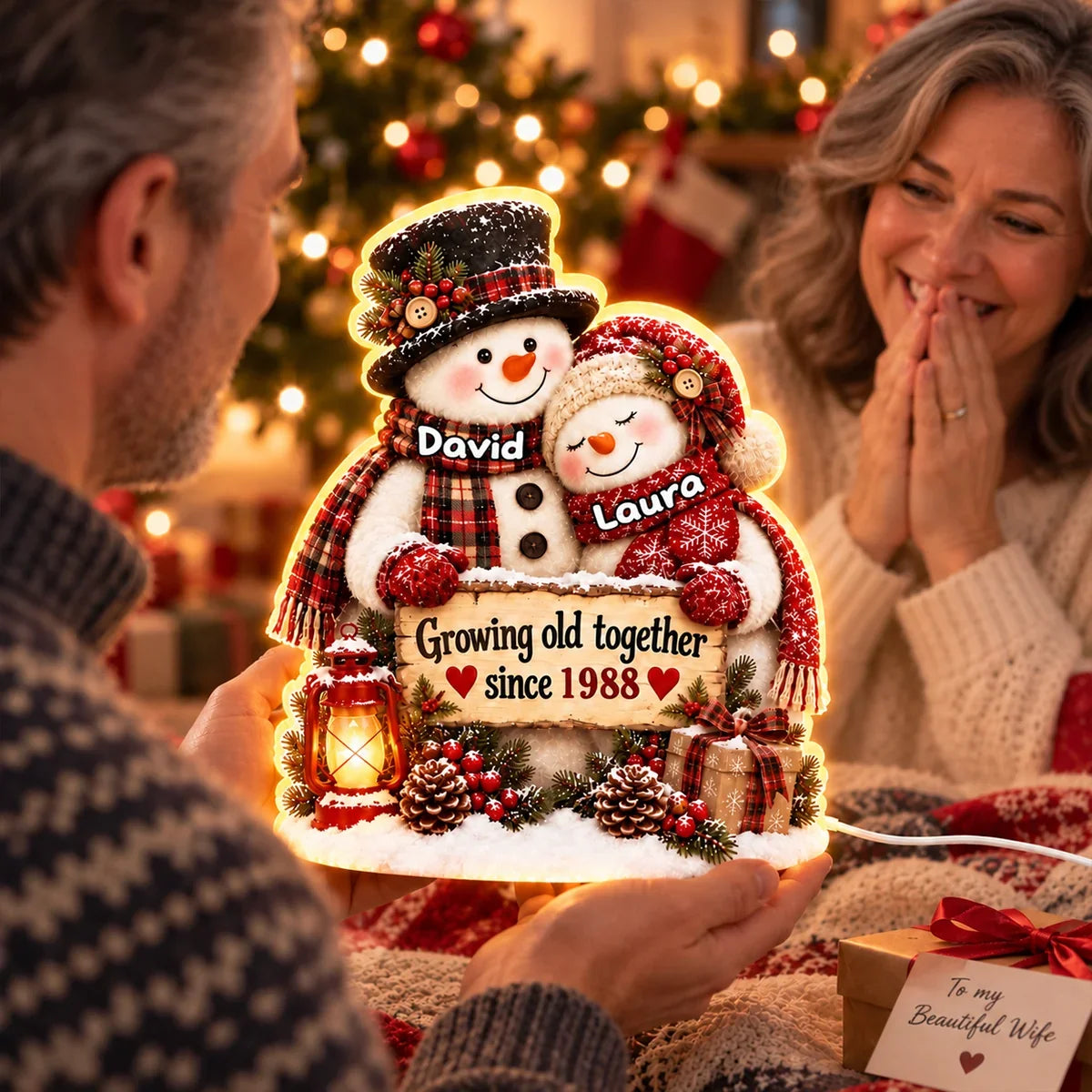 Growing Old Together Acrylic Light Box, Personalized Hugging Snowman Couple with Warm Glow, Creative Gift for Husband or Wife