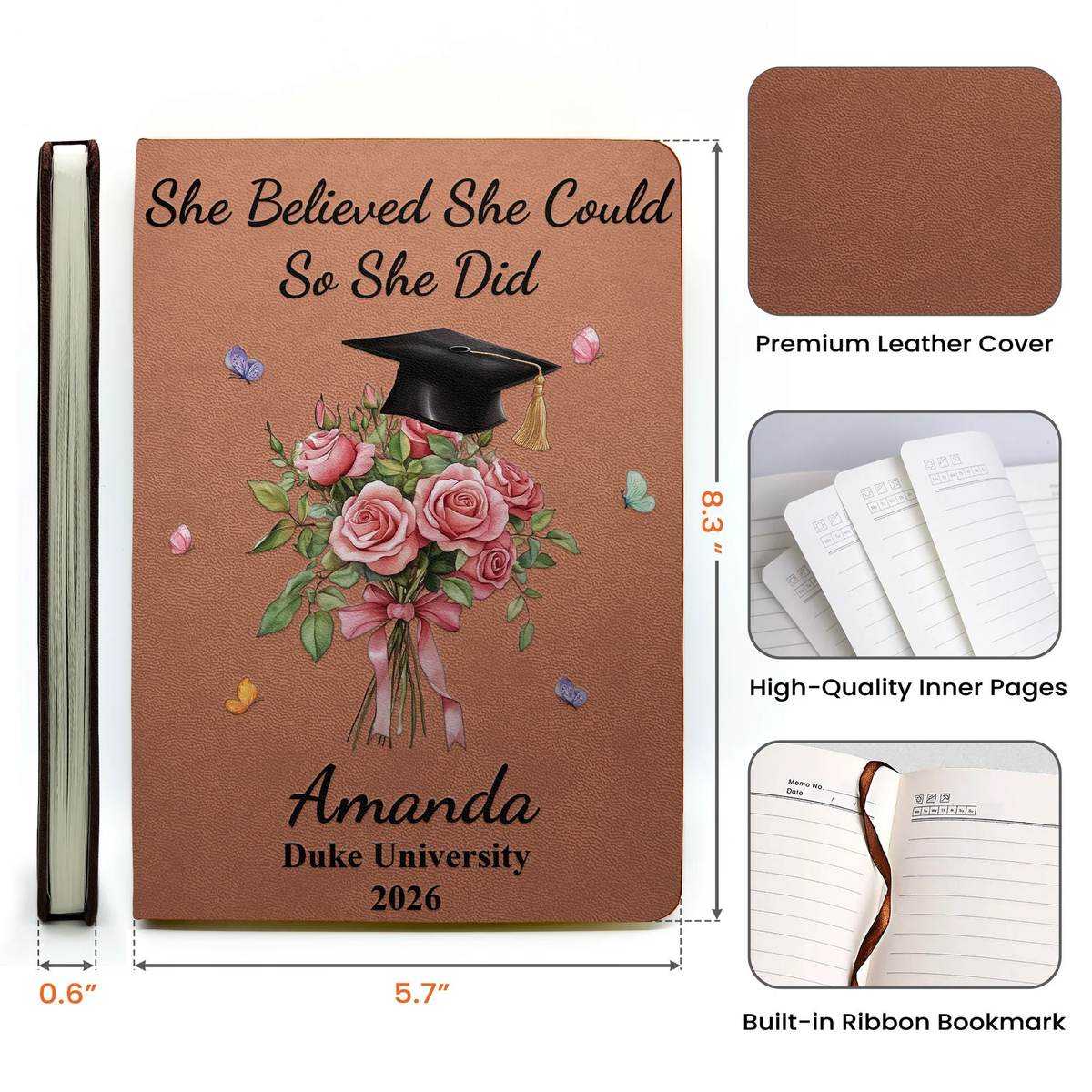Floral Bouquet and Grad Cap Leather Journal, Personalized Keepsake Notebook, Encouraging Gift for Graduate