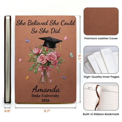 Floral Bouquet and Grad Cap Leather Journal, Personalized Keepsake Notebook, Encouraging Gift for Graduate