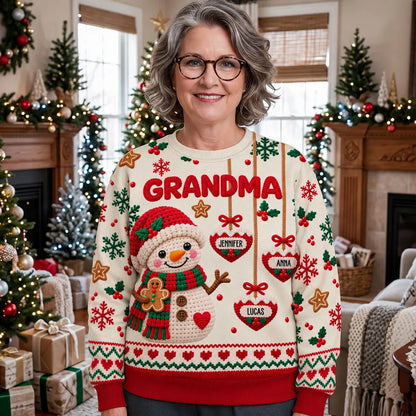 Personalized Printed Sweatshirt, Crochet-Style Snowman Holding Gingerbread, Unique Christmas Gift for Grandma