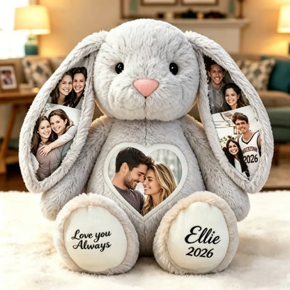 Multi-Print Plush Bunny With Love You Always Photo Collage, Cozy Bedroom Keepsake, Unique Creative Gift for Partner