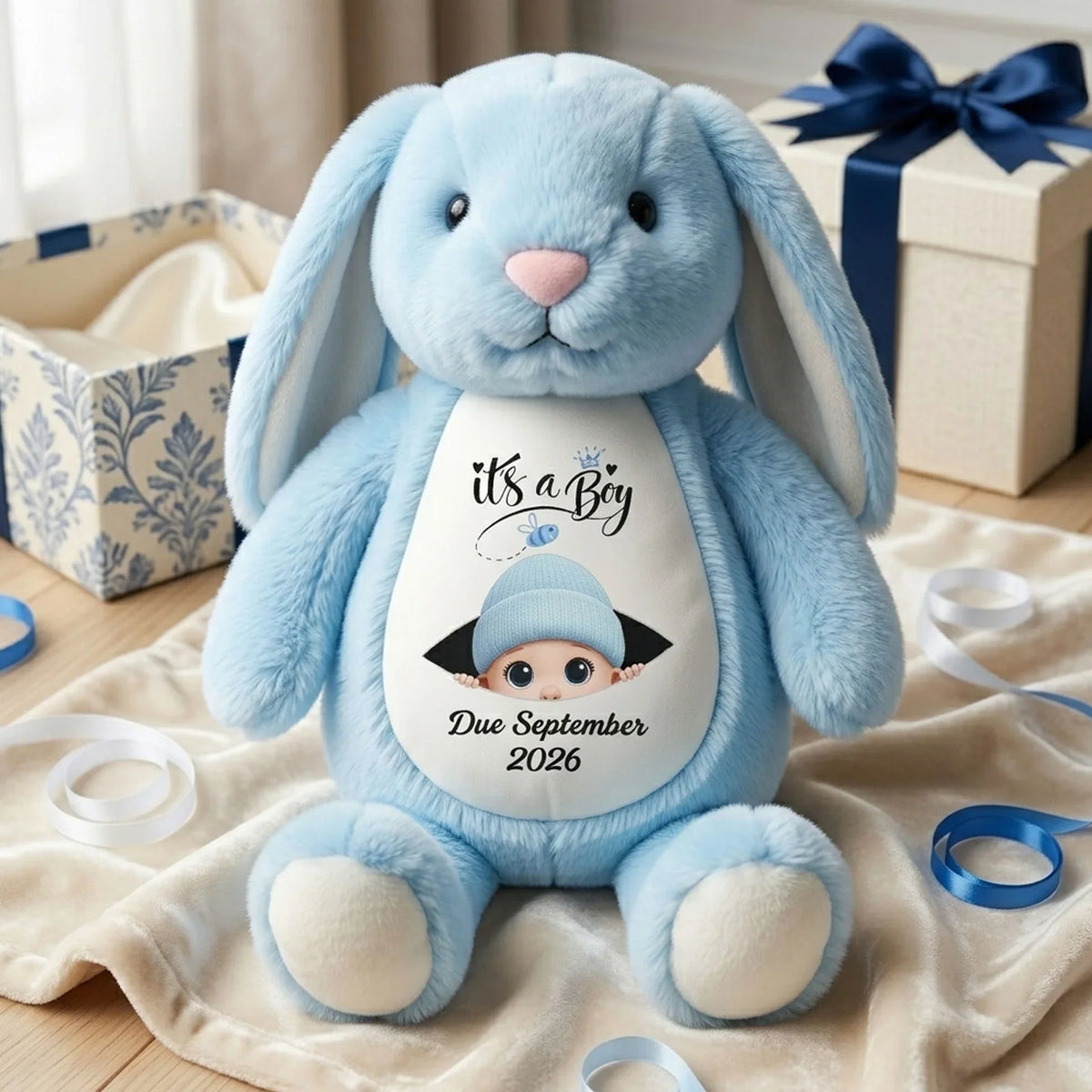 Personalized Plush Bunny Baby Announcement Gift, Pink It's a Girl Design, Unique Surprise Gift for Grandma & Grandpa