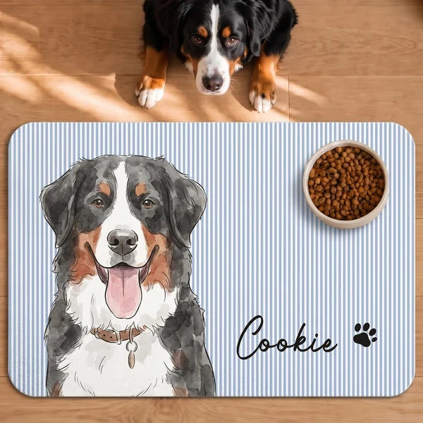 Custom Flannel Pet Mat with Watercolor Portrait for a Dog by Feeding Bowls, Creative Gift for Pet Owners