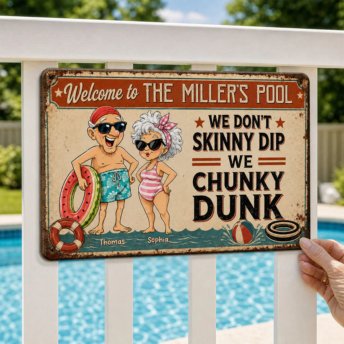 Personalized Rectangular Iron Sign, Vintage Chunky Dunk Pool Decor with Smiling Swimmers, Unique Gift for Pool Owners