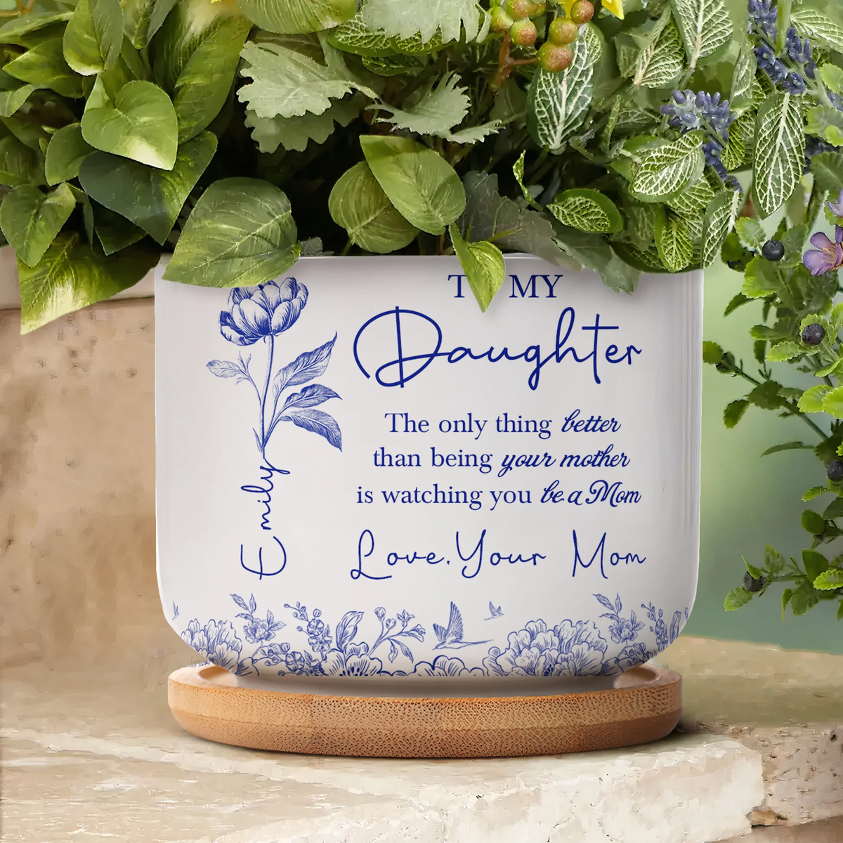 Ceramic Planter with Tray, To My Daughter Love Mom Quote, Blue Botanical Calming Decor, Unique Personalized Gift