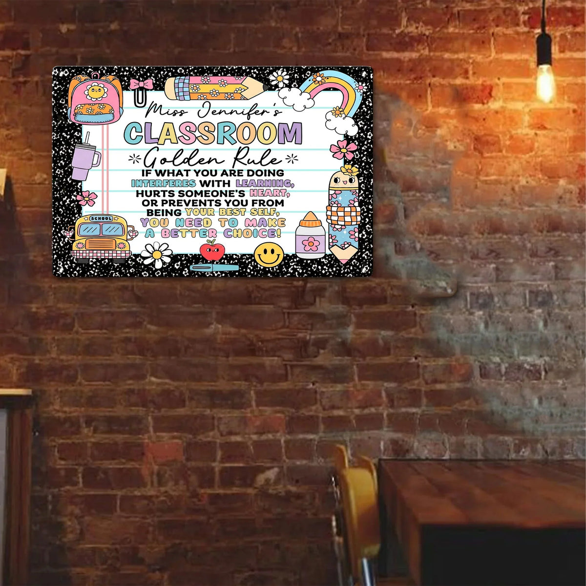 Personalized Rectangular Iron Sign for Teacher, Rainbow Classroom Golden Rule Decor, Unique Gift