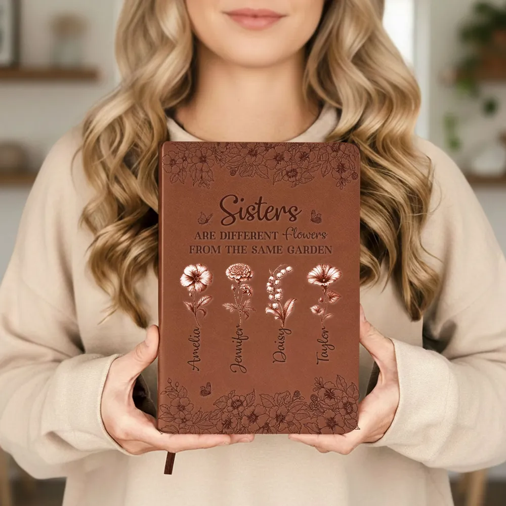 Personalized Sisters Leather Journal, Dusty Rose Flowers, Same Garden Quote, Unique Gift for Sister