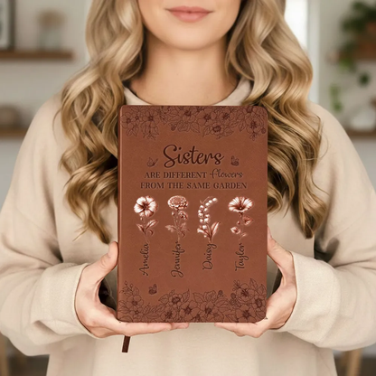 Personalized Sisters Leather Journal, Dusty Rose Flowers, Same Garden Quote, Unique Gift for Sister