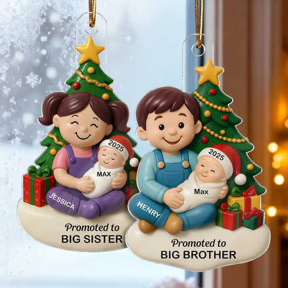 Personalized Acrylic Ornament, Big Sister or Big Brother Holding a New Baby by a Christmas Tree, Unique Sibling Gift