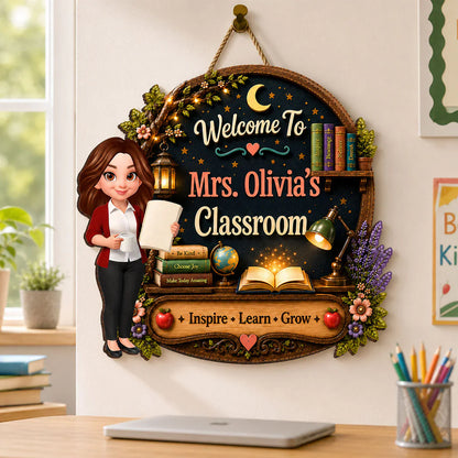 Personalized Wooden Sign with Cute Teacher Illustration, Inspire Learn Grow, Unique Creative Gift for Teacher