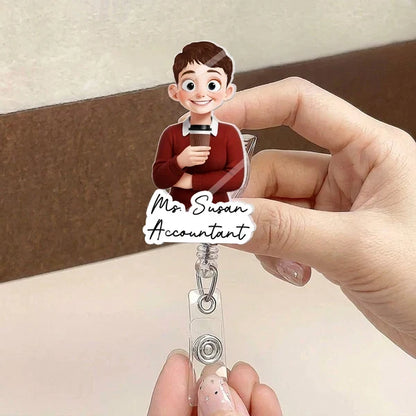 Personalized Acrylic Badge Reel, Colorful Cartoon Professional Holding Coffee, Unique Gift for Teachers and Coworkers