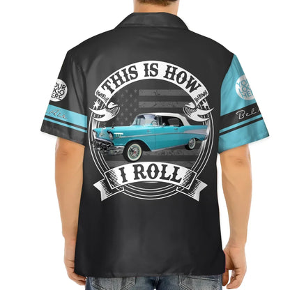 Personalized Hawaiian Shirt, Custom Classic Car Print, Black & Turquoise, Unique Gift for Car Enthusiast