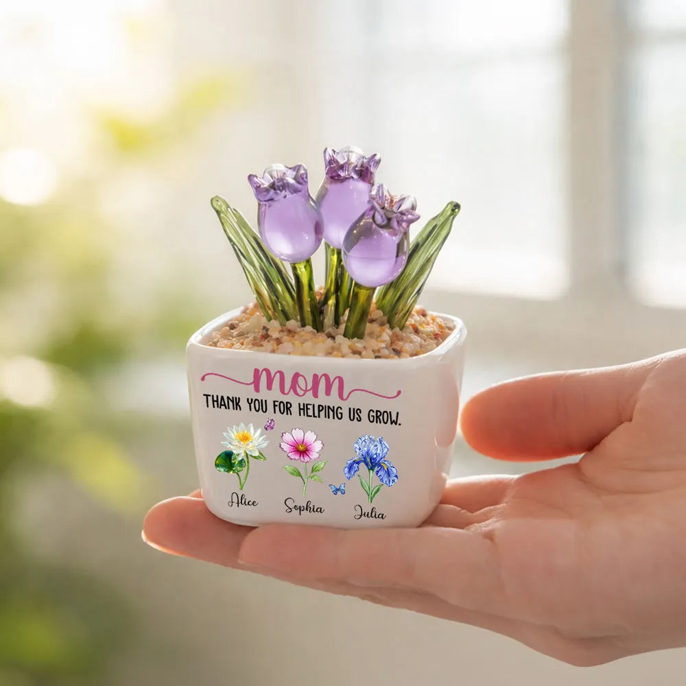Personalized Square Glass Planter with Purple Tulips, Thank You for Helping Us Grow, Unique Gift for Mom