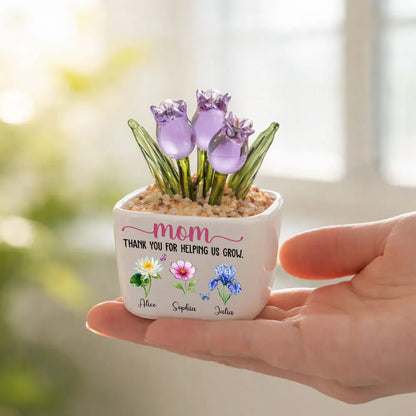 Personalized Square Glass Planter with Purple Tulips, Thank You for Helping Us Grow, Unique Gift for Mom