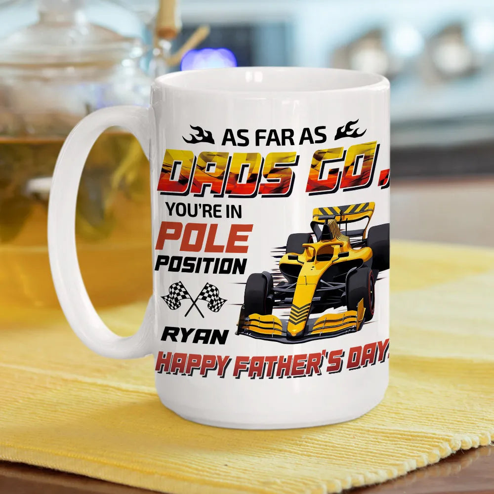Personalized White Ceramic Mug For Dad With Racing Car Art, Unique Father's Day Gift