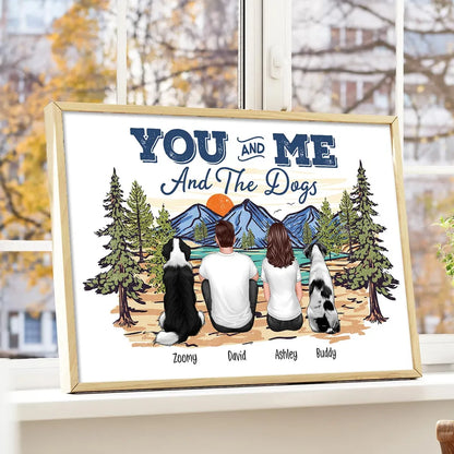Couple with Dogs Poster Print, Scenic Mountain Landscape Design, Heartwarming Home Wall Art