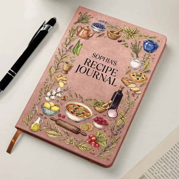 Personalized Leather Journal, Family Recipe Keepsake with Botanical Food Art, Creative Gift for Home Cooks
