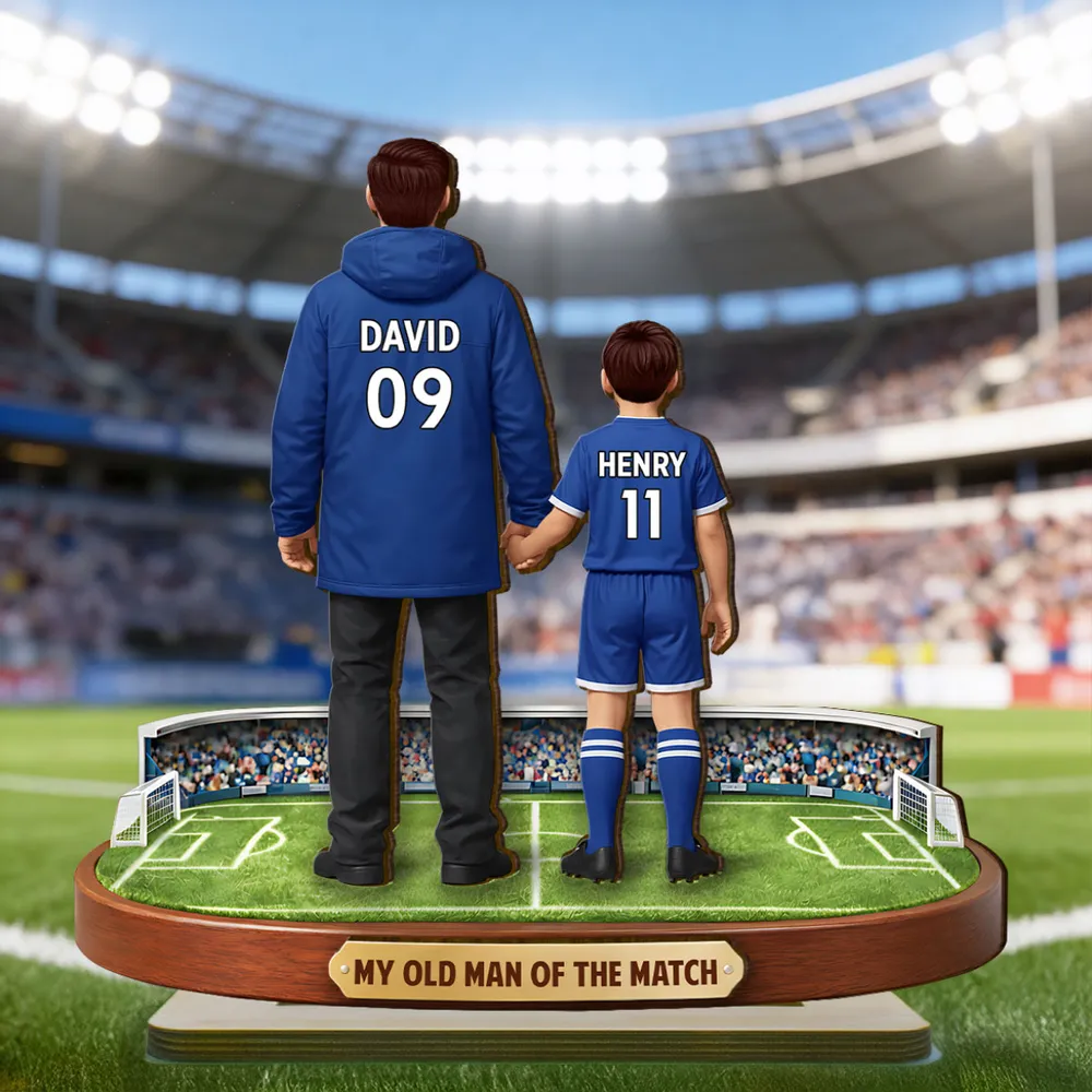 Personalized 2-Layer Wooden Plaque Soccer Dad Holding Kids' Hands Stadium Scene, Unique Father's Day Gift