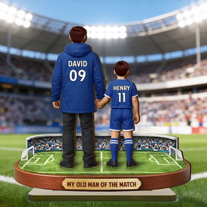 Personalized 2-Layer Wooden Plaque Soccer Dad Holding Kids' Hands Stadium Scene, Unique Father's Day Gift