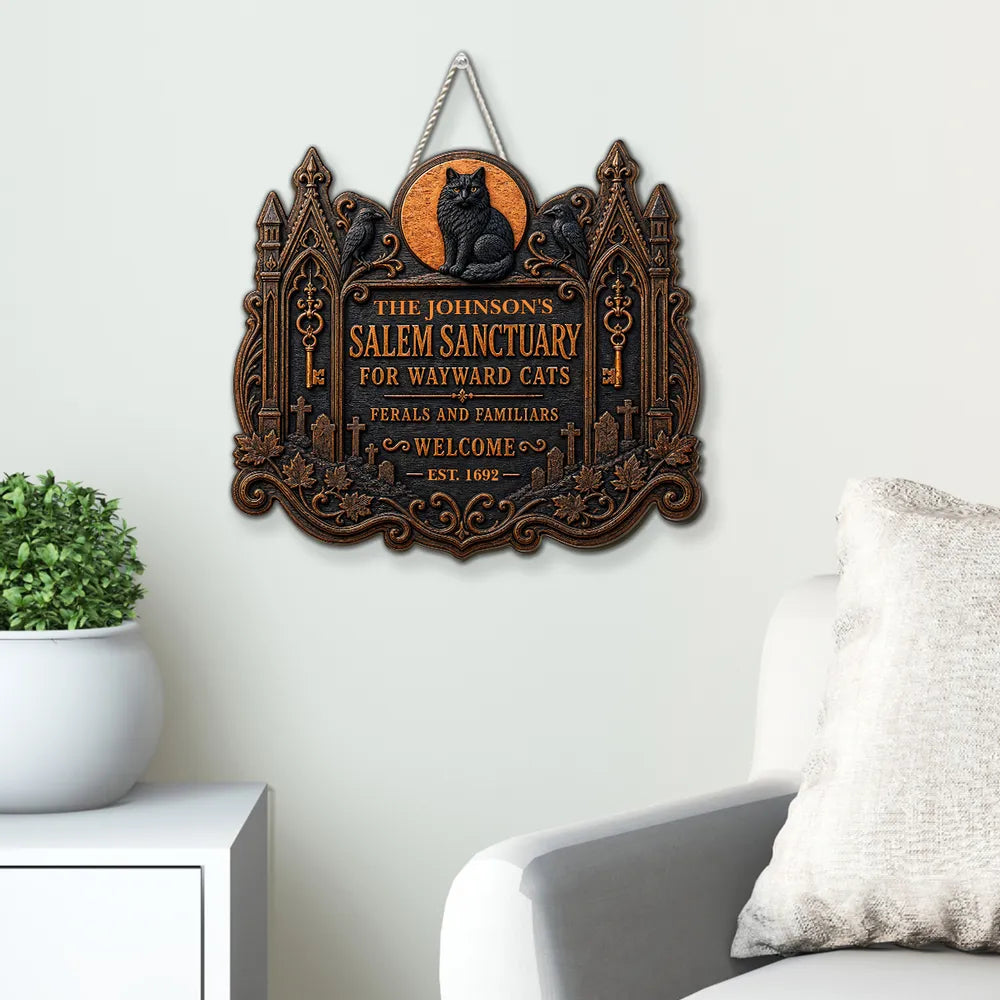 Wooden Sign with Black Cat and Ravens by a Haunted House, Personalized Welcome Decor, Creative Gift for Cat Owners