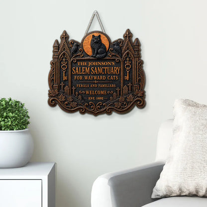 Wooden Sign with Black Cat and Ravens by a Haunted House, Personalized Welcome Decor, Creative Gift for Cat Owners