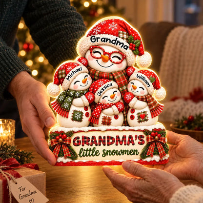 Personalized Acrylic Light Box, Smiling Grandma and Little Snowmen Christmas Scene, Unique Gift for Grandma
