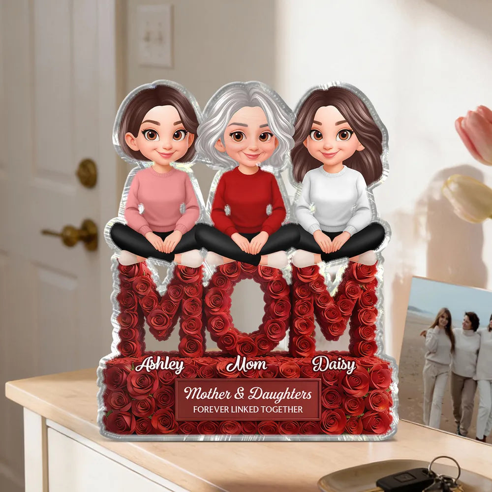 Shaped Acrylic Block Plaque for Mom, Personalized Mother and Kids Love Memory Decor with Rose MOM Design, Thoughtful Gift