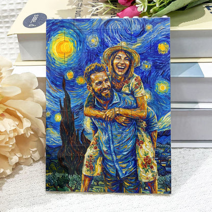 Van Gogh Inspired Personalized Building Brick Puzzle, Custom Couple Photo Creative Gift