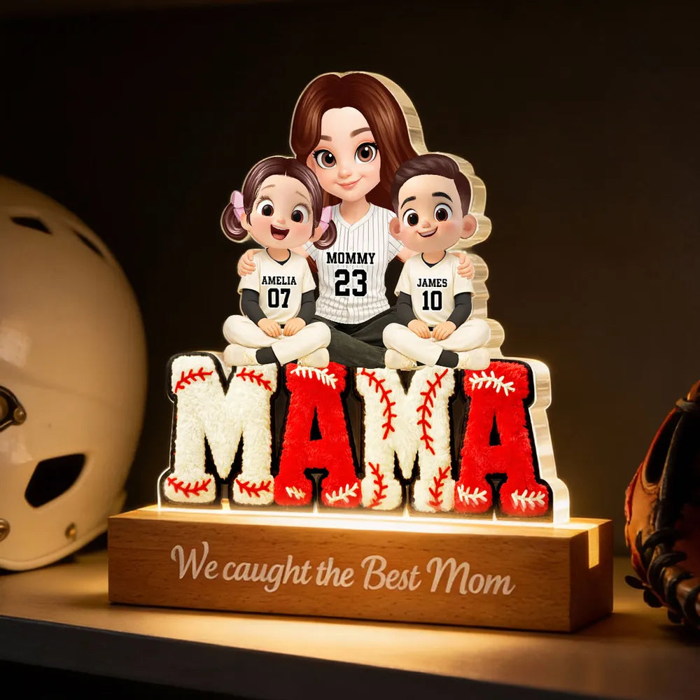 Block LED Light Plaque With Baseball Mama Hugging Kids, 'We Caught the Best Mom', Cozy Bedside Gift