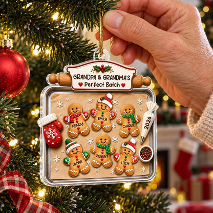 Personalized Acrylic Ornament, Gingerbread Grandkids on a Baking Tray, Red & Green Unique Christmas Gift for Grandparents
