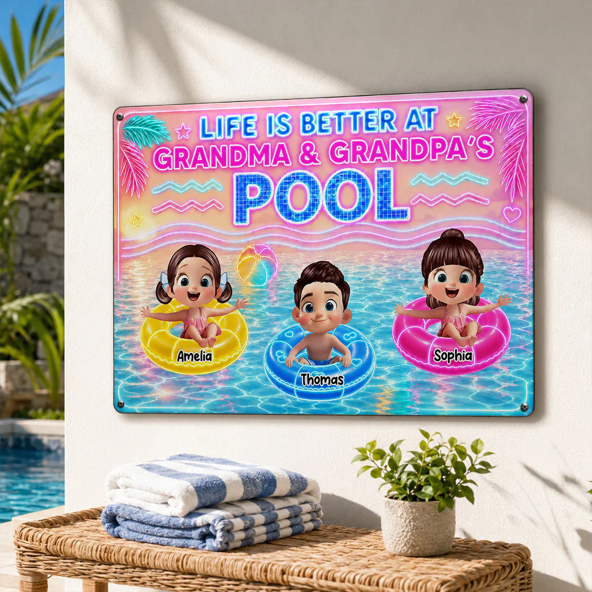 Custom Rectangular Iron Sign with Cartoon Kids in Pool, Creative Backyard Gift for Grandparents