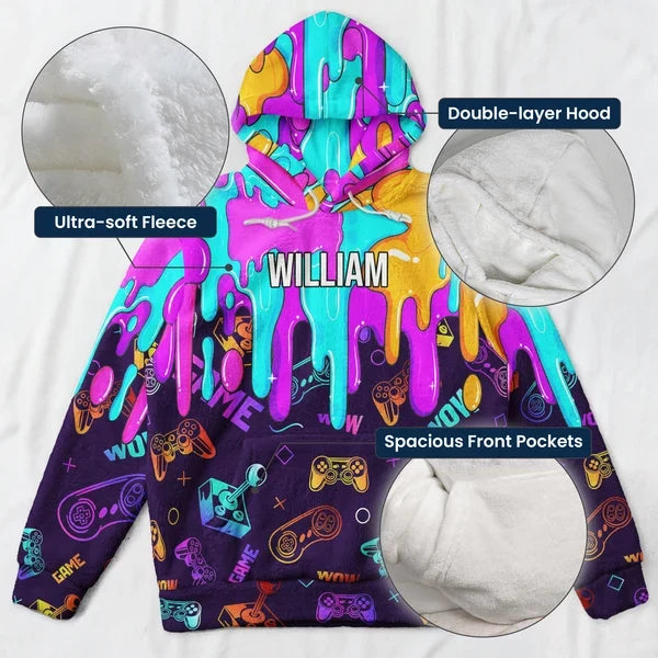 Personalized Youth Printed Hoodie, Colorful Gaming Art for Young Gamers, Unique Gift for a Son