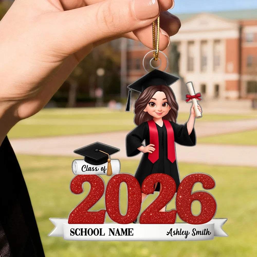 Graduation Acrylic Ornament, red glitter design with cap & diploma, ce ...
