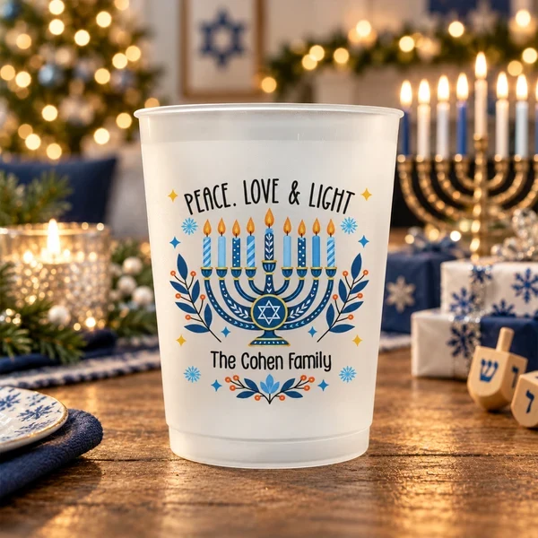 Personalized Hanukkah Cup with Blue Menorah and Peace Love & Light, Unique Family Gift